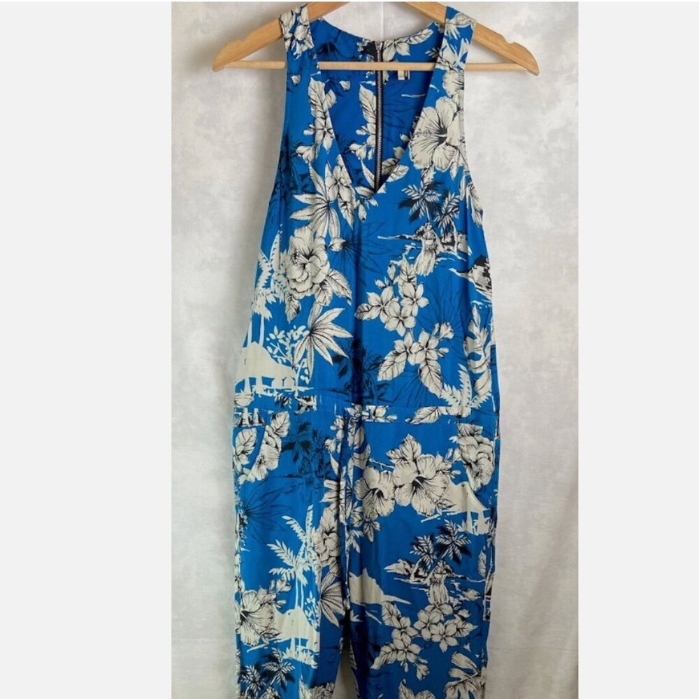 Topshop One Piece Jumpsuit  Blue Tropical Palm Print Floral Tie Waist